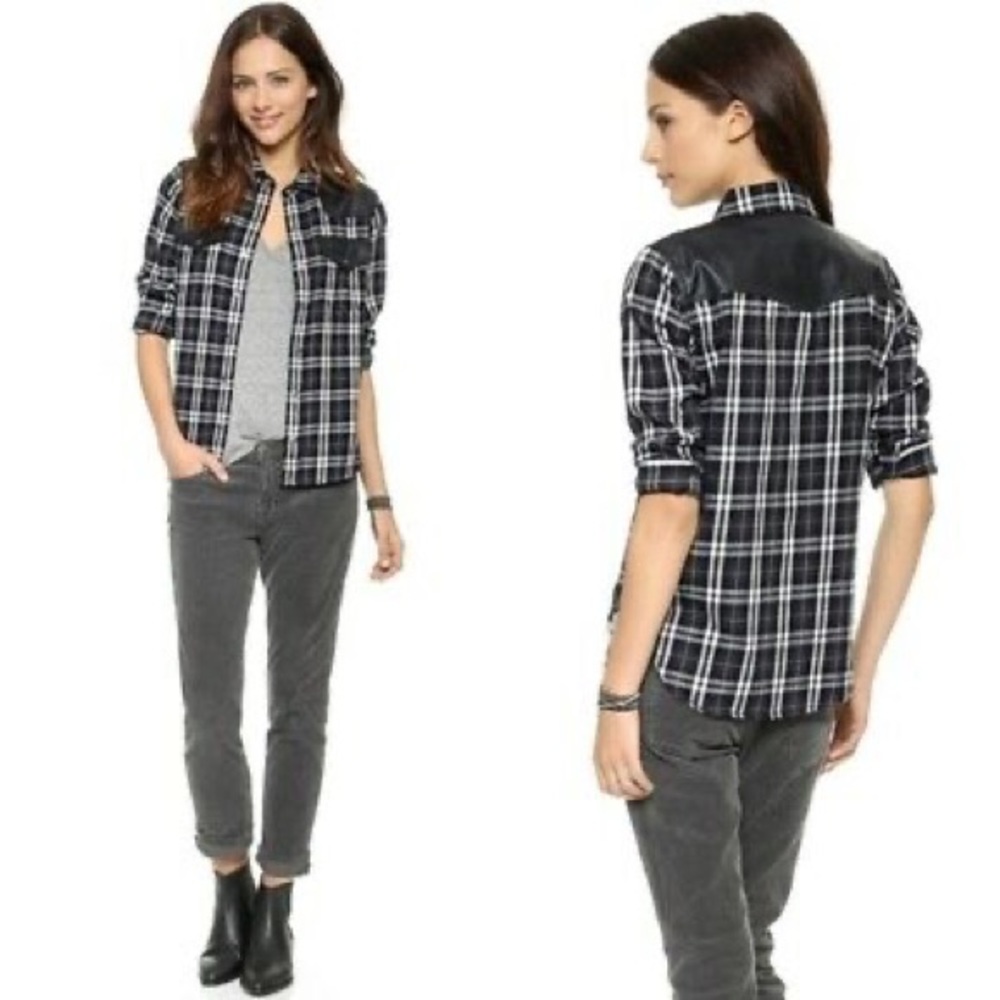 Current/Elliott The Western Shirt Houston Plaid W/ Faux Leather SZ 1 Small